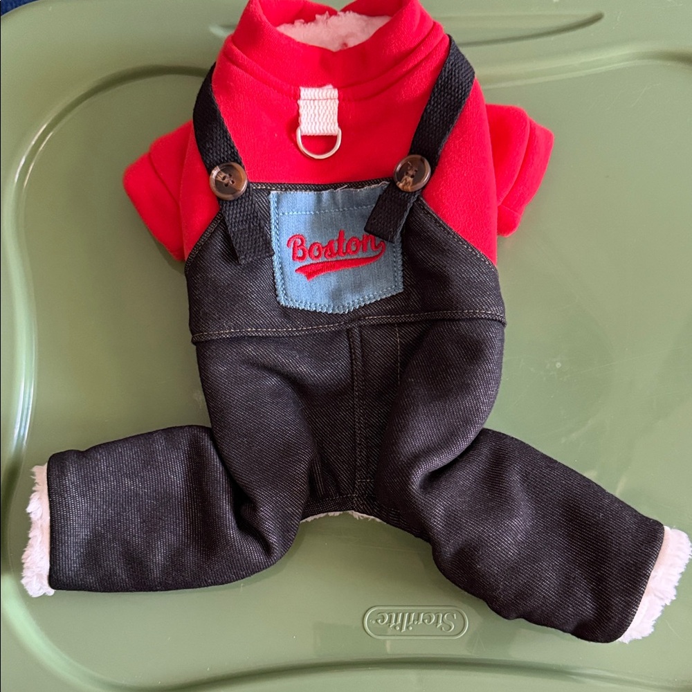 Red and Black Dog One Piece Overalls Faux Pocket “Boston” Embroidered Leash Hook